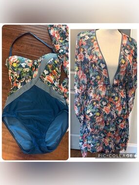 Ellen Tracy Swimsuit & Cover-Up Set, Blue Floral, Size 12/Large, EUC!